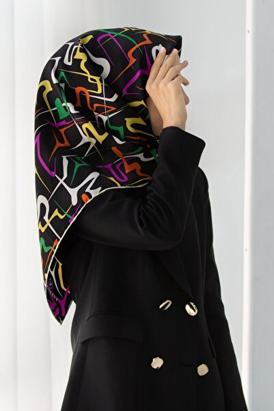 Vissona %100 Twill İpek Soyut Geometrik Desenli Fuşya - Sarı Renkli 90x90 Eşa...