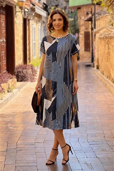 Nevin Kaya Moda Rochie cu decolteu rotund cu model geometric de culoare gri