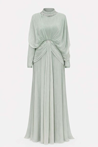 Olcay Stone and Flywheel Detailed Yoryo Silk Hijab Evening Dress Light Green ...