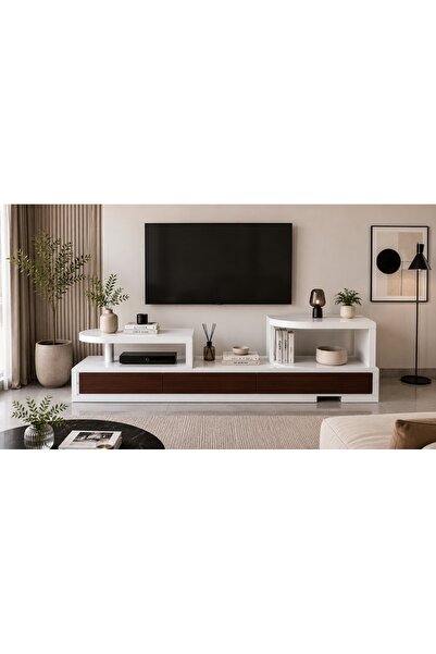 N.zone Luxurious White and Wood Modern Design Tv Table with Spacious Drawers ...