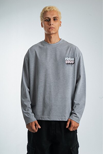 UKHWD SUPPLY Tricou bărbătesc gri cu mânecă lungă, supradimensionat, Feelin Good