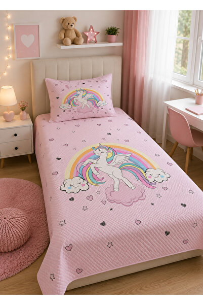 Evmila Unicorn Desenli Bebek Ve Çocuk Baskılı Tek Kişilik Pike Takımı 160x230...