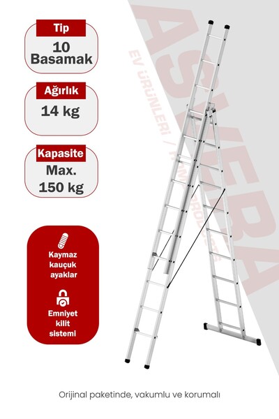 ASVERA Endüstriyel 9 Metre A Tipi 3 Parçalı Alüminyum Merdiven - 1.4 mm Profe...