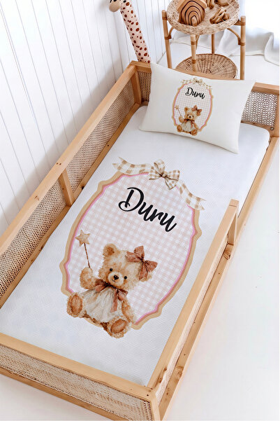 Lilabio %100 Pamuk İsme Özel Montessori Yatak Pike Seti 100x200 Peri Ayıcık