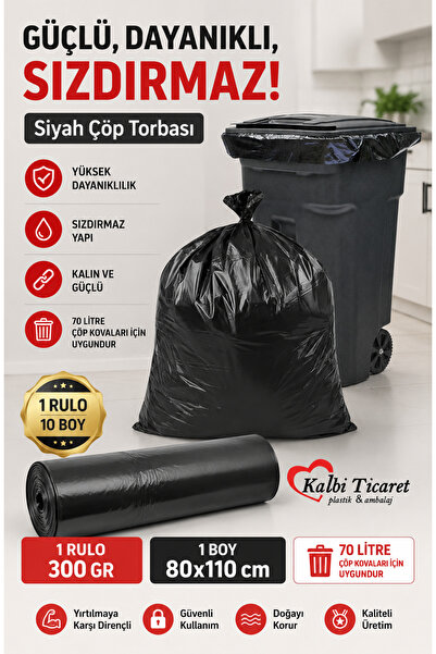 Kalbi Ticaret Kalın Çöp Torbası 10'lu Boy 300 gr X 1 Rulo Siyah Çöp Poşeti 80...