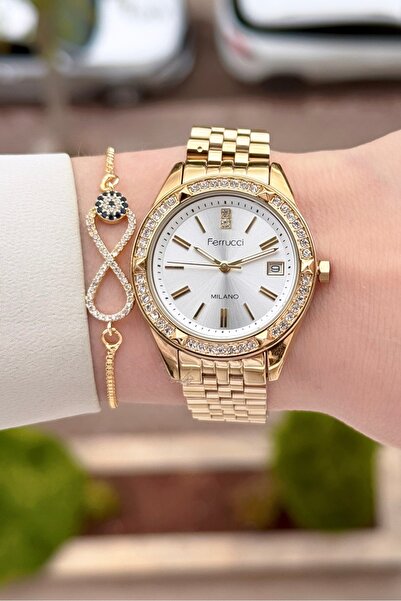 Ferrucci Sarı Renk 34 Mm Kadın Kol Saati ve Bileklik