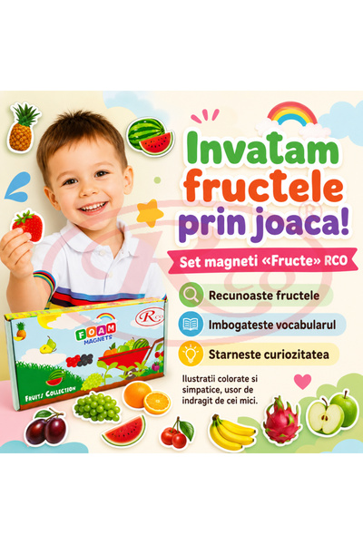 RCO Set Magneti Educativi Fructe din Spuma EVA, 52 Piese Magnetice Colorate, Joc de Invatare, 5+ Ani
