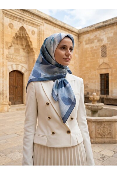 Vissona %100 Twill İpek Yaprak Desenli İndigo - Petrol Yeşili Renkli 90x90 Eş...