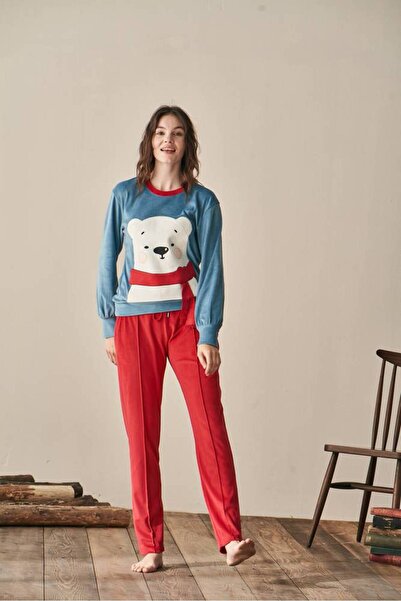 FIRST STYLE Turkish Stylish Winter Red and Blue Woven Fabric Cute Printed Paj...