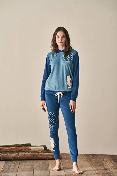 FIRST STYLE Turkish Stylish Winter Pajamas with Blue Woven Fabric and Cute Print