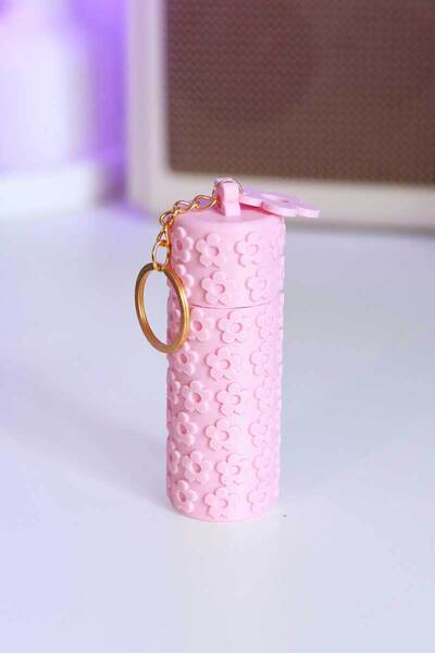 Çiçekli Lip Balm Ruj Koruyucu Anahtarlık Çanta Askısı - Pembe
