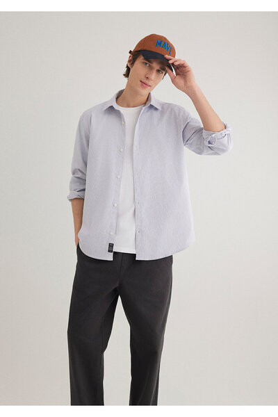 Mavi Lacivert Çizgili Beyaz Gömlek Regular Fit / Normal Kesim 0211147-70497