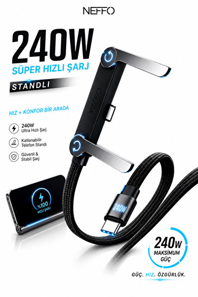 NEFFO 240W Ultra Hızlı Type-C Şarj Data Kablosu Katlanabilir Standlı Ergonomi...