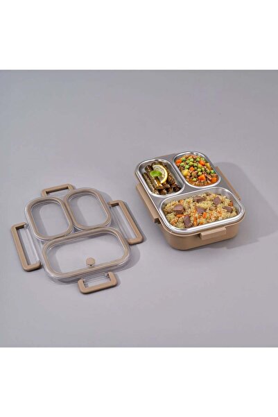 Bento Lunch Box Beige 3 Compartment