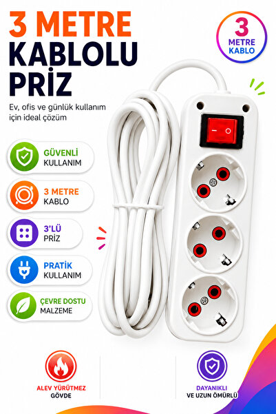 Amiral electric Grup Priz 3 Mt. Topraklı Anahtarlı 3'lü Uzatma Ara Kablosu