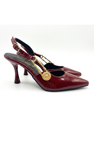 Demashoes Cataramă din piele lăcuită bordeaux, vârf ascuțit, toc deschis, înă...