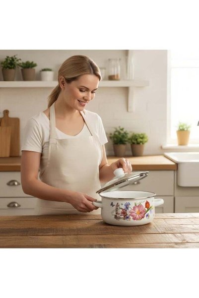 sharpdo Enamel Coated Cooking Pot with Lid, Double Handle Pot for Electric Gas Stove, Cookware Set 16/18/20/22/24 cm
