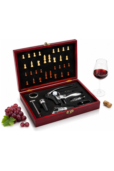 OEM Chess Set and Wine Accessories, Deluxe Wooden Case, Corkscrew, Aerator, T...