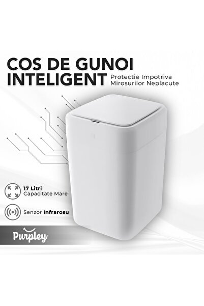 Purpley Cos de Gunoi Inteligent 17L, Senzor Miscare Infrarosu, Capac Anti-Miros, Schimbare Sac Automata, USB-C, Alb