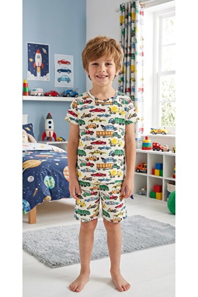 elmas kids Erkek Çocuk %100 Pamuklu Beyaz Araba Otobüs Desenli Kısa Kollu Şor...