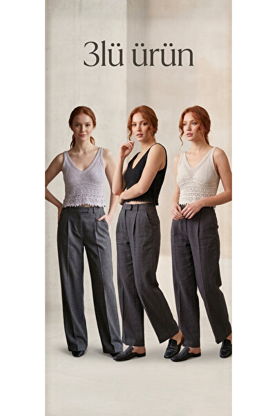 H&A İSTANBUL Kadın Askılı V Yaka Ajurlu Örme Crop Bluz 3'lü adet