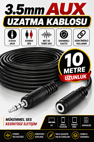 harry 10 Metre Stereo 3.5mm Ses Uzatma Aux Kablosu - Kulaklık Hoparlör Ses Uz...