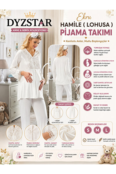 DYZSTAR Ecru Maternity Pajama Set with Lace Detail, Long Sleeve Mother Pajama...