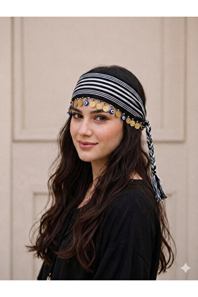 ASYA PAZARLAMA Karadeniz Black White Evil Eye Beaded Liralı Keşan, eșarfă împ...