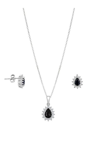 oya silver Minimal Oniks Taşlı Damla Gümüş Kadın Kolye Küpe Set