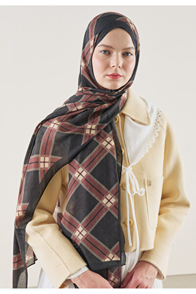 Freshscarfs Șal negru cu model în carouri din ramie