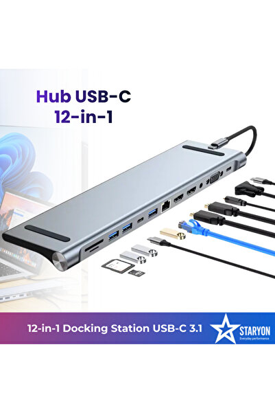 Staryon Hub multiport 12-în-1 USB-C 3.1 — 2x HDMI 4K, VGA, RJ45, USB-A, USB-C...