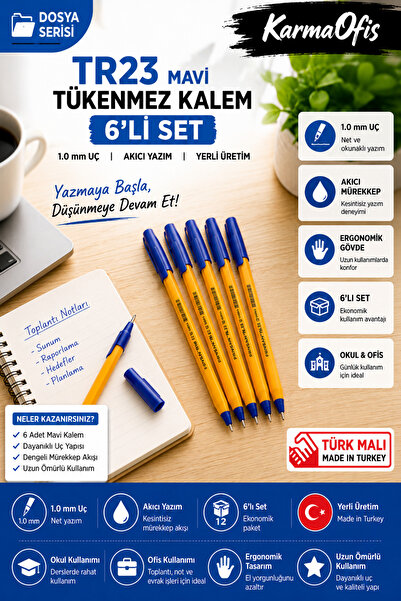 TR23 Blue Ballpoint Pen 6-Piece Set | 1.0 mm Tip, Fluent Writing, Office & School Use