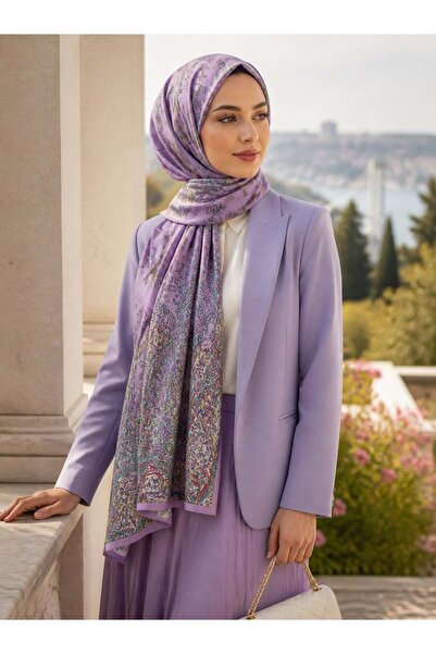 Vissona %100 İpek Etnik Desenli Pembe - Bej Renkli 92x210 Şal