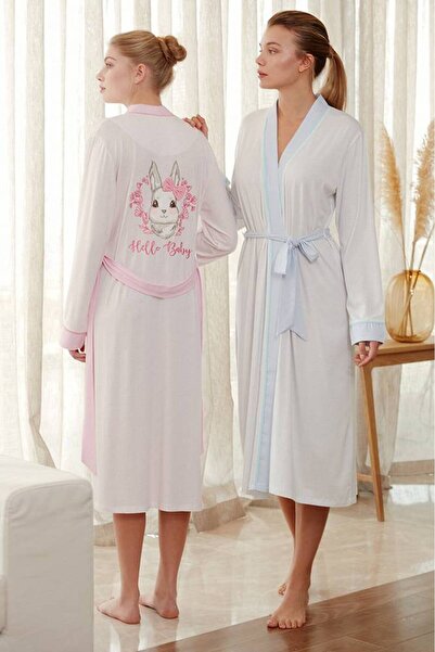 FIRST STYLE Women's Soft Pink Turkish House Robe, Long Sleeve and Cute Prints...