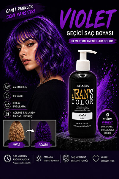 jeans color Amonyaksız Renkli Saç Boyası Mor 250ml. Kokusuz Su bazlı Violet H...