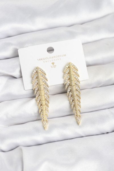 Toptan Bulurum Brass Gold Color Herringbone Model Zircon Stone Women's Earrings