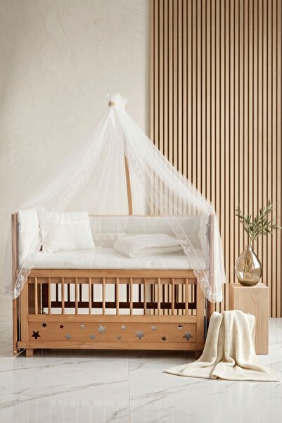 Bamgidoo Ahşap Beşik Anne Yanı Beşik Organik (BOYASIZ) 60x120 - Krem Güpür Uy...
