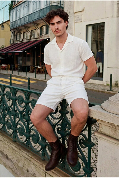 DAMGA JEANS Men's Short Sleeve Shirt Summer Linen Shorts White Two-Piece Set