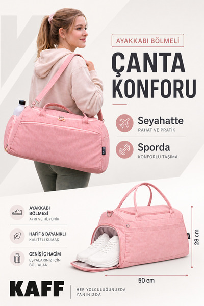 KAFF Ružičasta sportska i putna torba od naborane tkanine sa pretincem za cip...