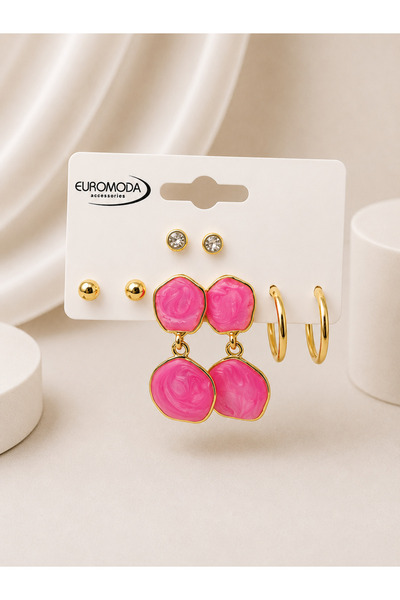 EUROMODA Gold Yuvarlak Pembe Mineli 4'lü Küpe Seti
