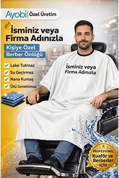 ayobi Kuaför Berber Önlüğü Penuar Siyah ve Beyaz Renk Kişiye Özel İsim Yazılı...