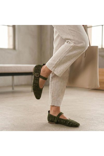 PİERRO SHOES Genuine Leather Perforated Mary Jane Buckle Casual Women's Flats