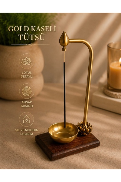 Prusias Wood Lotus Detaylı Gold Tasarımlı Tütsülük Ahşap Tabanlı Dekoratif Stand