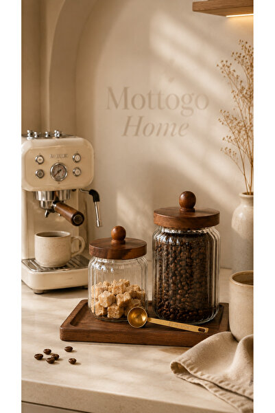 Mottogo Coffee Corner Set of 2 Acacia Lid Glass Jars 700 Ml–950 ml Organizer ...