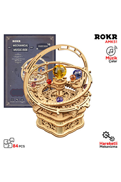 ROKR Cutie muzicală puzzle 3D, Noapte înstelată, ROKR, Lemn, 101 piese, AMK51