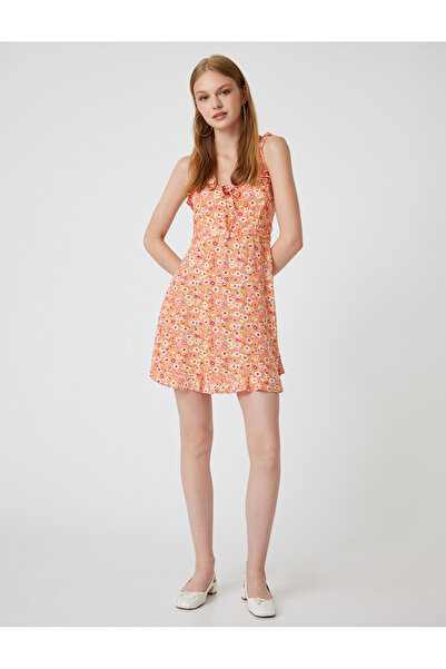 Koton Mini rochie florală cu bretele cu volane detaliu cravată viscoză