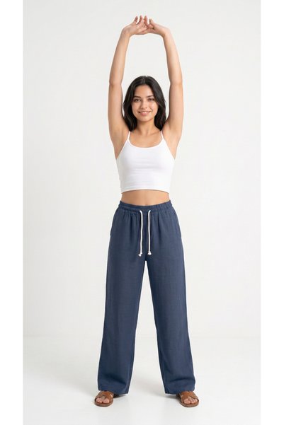 Zenvia Blue Women's Muslin Palazzo Pants Wide Leg High Waist