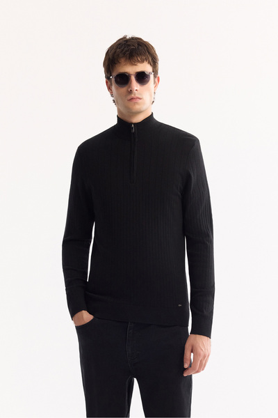 Avva Men's Black Stand Collar Zippered Soft Touch Striped Knitwear Regular Fi...
