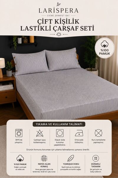 Larispera Double Elastic Sheet Set Cotton Yarn Dyed 180X200Cm Pillowcase (50X70Cm2Pieces) Anthracite Gray