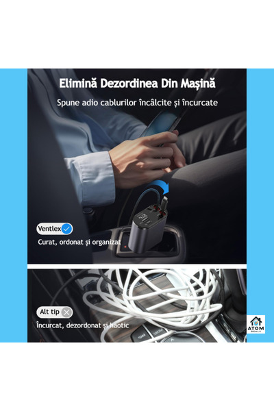 ATOM DEALS Incarcator auto 4 in 1 ATOM DEALS®️, 120W, rotatie 180°, cablu retractabil USB-C si cablu compatibil iPhone, lungime 800mm, porturi 1xUSB Type-C 5V/3A, USB A 5V/2.4A, incarcare rapida, afisaj luminos